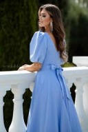 Sukienka 3XL niebieska rozkloszowana kopertowa przed kolano koktajlowa