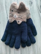 Rękawiczki dziewczęce granatowe ocieplane grube zimowe z kotkiem 7-12 lat