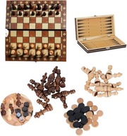 SZACHY DREWNIANE 3 W 1 SZACHY WARCABY TRYKTRAK 29 CM x 29 CM MAGNETYCZNE