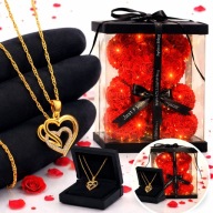 ZESTAW NA DZIEN KOBIET ZŁOTY NASZYJNIK SERCE + MIŚ Z RÓŻ PREZENT NA DZIEN