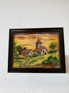 Obraz Kościółek- haft - 28,5cm z 22,5 cm, oprawa drewniana
