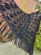 duża trójkątna chusta chustka ażurowa frędzle włóczka vintage 100x205cm