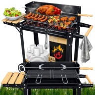 GRILL WĘGLOWY OGRODOWY NA KÓŁKACH 5W1 Z ROŻNEM PÓŁKAMI 4 STOPNI REGULACJI