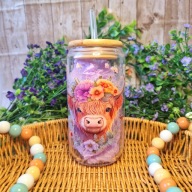 Kubek szklany słoik 500 ml ze słomką i bambusową pokrywką prezent krowa