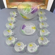 Zestaw szklany do ponczu retro na 12 osób, tłoczone winogrona