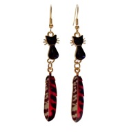 Kolczyki z kotem i piórem, czarny i czerwony