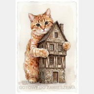 Kot przytulający dom kolorowa akwarela szkic obraz na płótnie 58x85 art