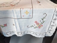 Obrus rękodzieło haft krzyżykowy koronka klockowa Art Deco unikat