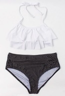 ŚLICZNY strój kąpielowy bikini r.122/128 biały top -czarne kropki