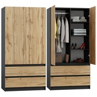 SZAFA ANTRACYT DĄB WOTAN GARDEROBA DUŻA NA UBRANIA OTWIERANA SZUFLADY 90cm