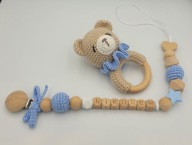 Zestaw Grzechotka Miś na szydełku + zawieszka do smoczka prezent Handmade