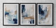 A2 ZESTAW TRZECH PLAKATÓW ABSTRAKCJA AKWARELA, BŁĘKIT GRANAT BIEL BRĄZ