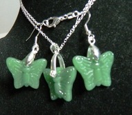 Zielony jadeit - motyle, wisiorek i kolczyki, zestaw biżuterii