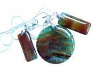 Zielono-pomarańczowy agat pajęczy, wisior i kolczyki, zestaw biżuterii