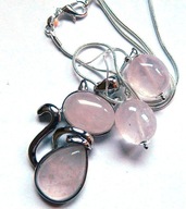 Kwarc różowy kamień miłości - wisiorek z kotkiem i kolczyki