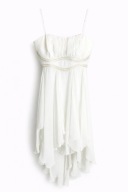 Kremowa wieczorowa sukienka z falbanami i złotym zdobieniem, rozmiar M