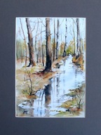 Akwarela pt. Jesienne leśne rozlewisko