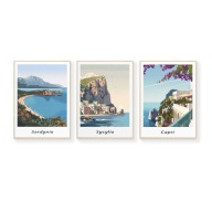 Plakaty Włochy wyspy, Sardynia, Sycylia, Capri, Zestaw 3x30x40cm.