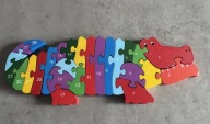 Drewniane klocki puzzle układanka cyfry liczby litery KROKODYL