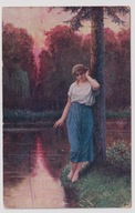 Dziewczyna tęsknota zachód słońca staw las 1917r. Ad. Liebscher