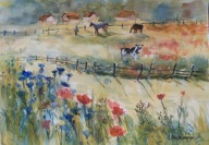 Akwarela Sabina Salamon 30x41 pejzaż bieszczady krowy konie