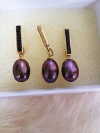 Srebrny komplet z czarnymi perłami srebro 925 pozłacane 14 kt złotem