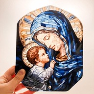Obraz szklany, sztuczny witraż Maryja z dzieciątkiem, obraz stojący 18x23cm