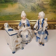 Porcelanowe figurki para przy fortepianie zestaw 3 szt vintage rokoko 14 cm
