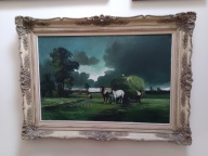 Stary obraz z XIX w piękny Sianokosy malarz Henri Daniel Verbeeck 152cm/110