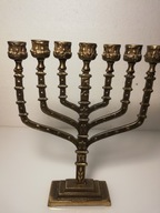 Stary mosiężny 7-mioramienny Świecznik Menora JERUSALEM wys. 30,5 cm