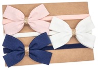 Opaski kokardki komplet dla dziewczynki granatowa pudrowy róż i biała