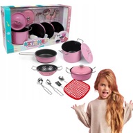 DUŻE GARNKI METALOWE DLA DZIECI NACZYNIA DO KUCHNI 11 ELEMENTÓW RÓŻOWE