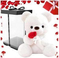 Pluszowy Biały Miś dla Dziewczyny 32 cm Czerwona Róża z Kokardą Prezent