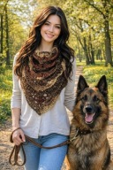 PIĘKNA CZEKOLADOWO ZŁOTA WEŁNIANA MIĘKKA CIEPŁA W 3D SZYDEŁKOWA CHUSTA BOHO