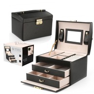SZKATUŁKA NA BIŻUTERIĘ KUFEREK Z KLUCZYKIEM LUSTERKO SZUFLADKI CZARNA
