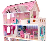 Domek dla lalek drewniany + mebelki oświetlenie LED różowy 70 cm