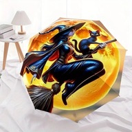 PARASOL WIEDŻMA NA MIOTLE MAGIA ŻÓŁTY AUTOMAT KOT CAT NA CODZIEŃ HALOWEN