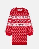 Sukienka swetrowa świąteczna dziewczynka czerwona, renifery zimowy wzór 98