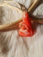 Naturalny rzeźbiony koral złoto 585 pr / prawdziwe szmaragdy /Japonia