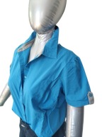 Niebieska taliowana koszula z kołnierzykiem i krótkim rękawem, bawełna r. L