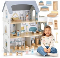 KOMPLETNY ZESTAW DREWNIANY DOMEK DLA LALEK Z TARASEM I AKCESORIAMI BIAŁY