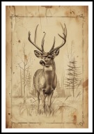 A2 PLAKAT RYSUNEK SZKIC VINTAGE RETRO JELEŃ JELONEK NA POLANIE W LESIE