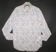 LIBERTY_Piękna włoska KOSZULA_biała kolorowe kółka pawie pióra bawełna_XL