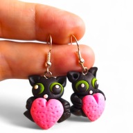 KOLCZYKI Z MODELINY Czarne Kotki z Różowym Kłębkiem