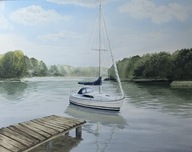 Akwarela Jacht przy Molo – Jezioro, Pejzaż Ręcznie Malowany Obraz 28x36