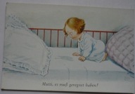 POCZTÓWKA PRZEDWOJENNA - dziewczynka - dziecko na łóżku