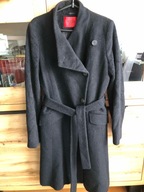 Piękny czarny płaszcz z paskiem 48% alpaka, 34% wełna wirgin, r. 36
