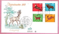 Niemcy 1966, FDC Bonn, las, zwierzęta leśne, jeleń, sarna, kozica