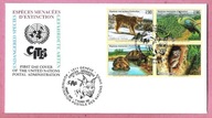ONZ Genewa 2001 FDC czwórka, zwierzęta zagrożone, ryś, paw złoty, żółw słon