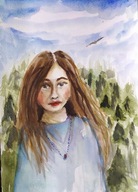 Akwarela, obraz, obrazek, kobieta , pejzaż